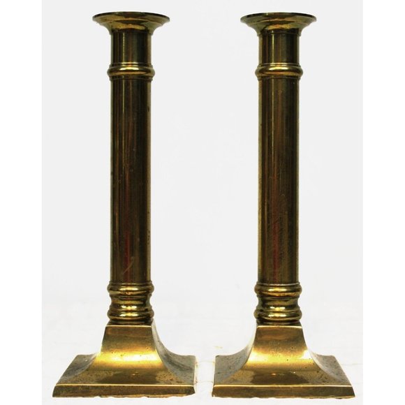 Vtg Decorative Crafts Tall 8.5'' Brass Taper Candlesticks Holders Square Columns - Picture 1 of 8